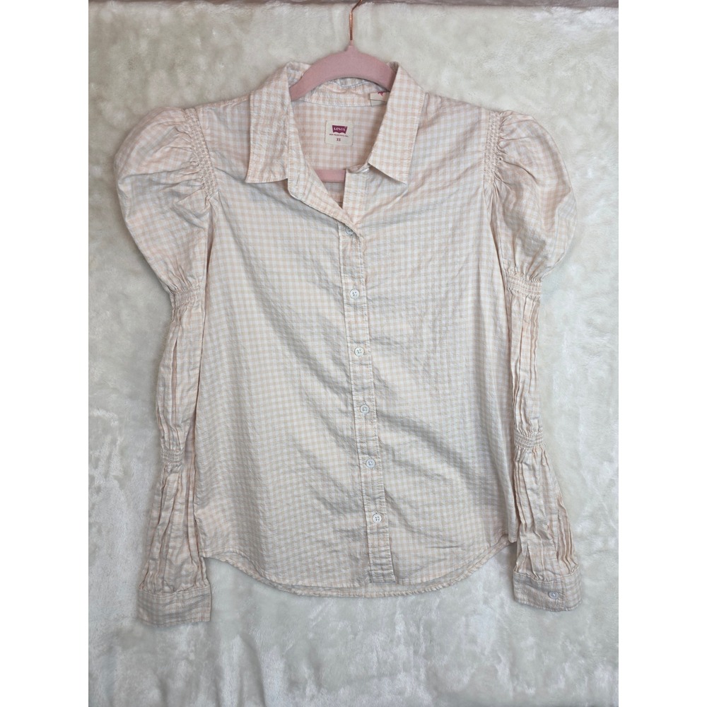 Levis Womens XS Peach Gingham Puff Sleeve Button Down Shirt Smocked Cottagecore‎